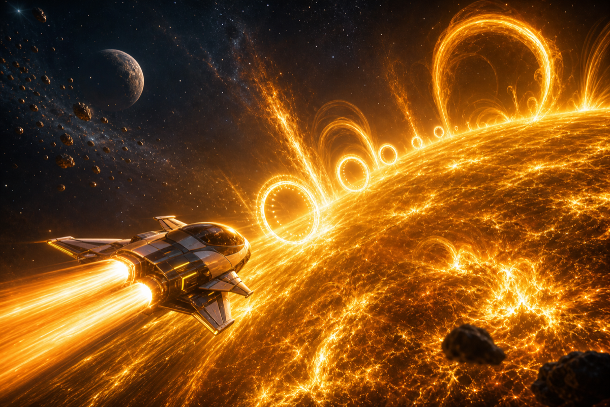 Solar Skimmer spacecraft flying above the sun